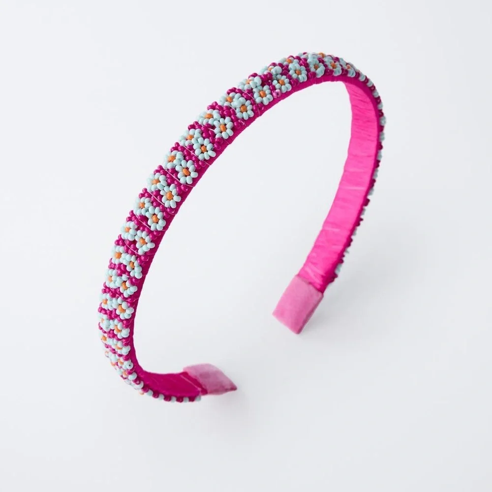 NWOT. Zara Kids Fuchsia Beaded Headband with Flower Design.